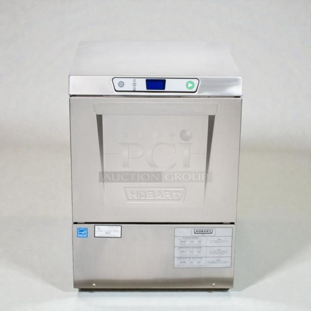 Immaculate Hobart LXe undercounter dishwasher, 120V/single phase, fully tested, stainless steel, model tags visible.