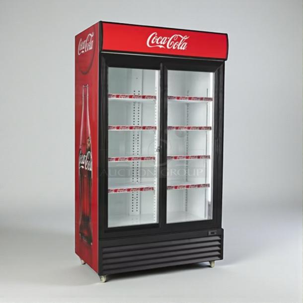 True GDM-33SSL Glass Door Merchandiser Refrigerator in immaculate condition, Coca-Cola branding, 115V, tested and working.