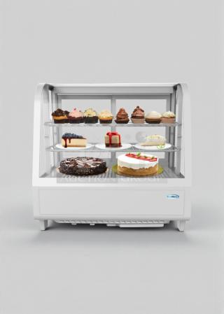Brand-new KoolMore Refrigerated Countertop Display Case, model CDC-3C-WH, featuring dual shelves and transparent front.