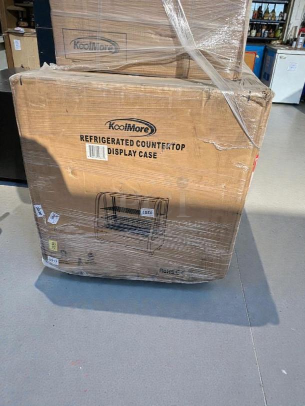 KoolMore refrigerated countertop display case in box, brand-new, scratch & dent condition, model CDC-3C, black or white.