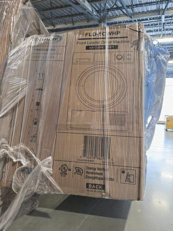 KoolMore Front Load Electric Dryer (Model FLD-5C-WHP), brand new, in box with visible packaging, scratch & dent item.