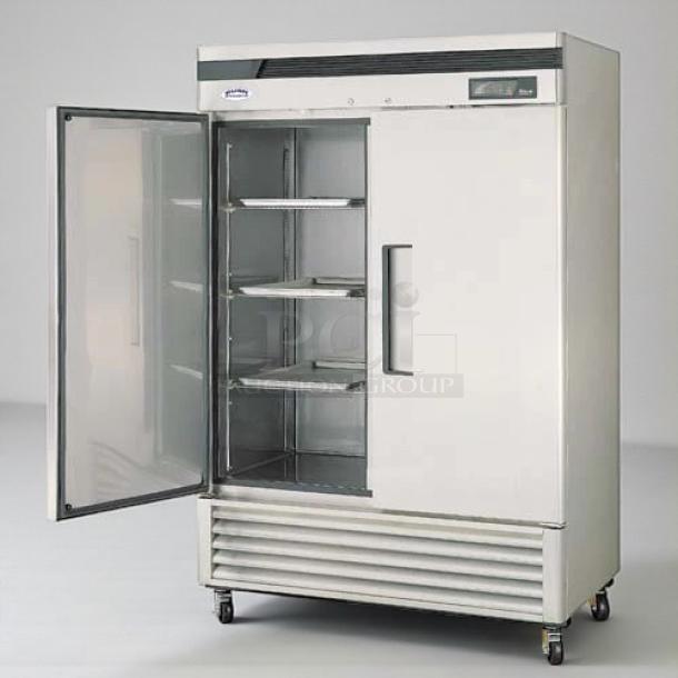 Turbo Air PRO-50F commercial freezer, premium condition, 2-door, reach-in, 115V, shelving units, tested, and working.
