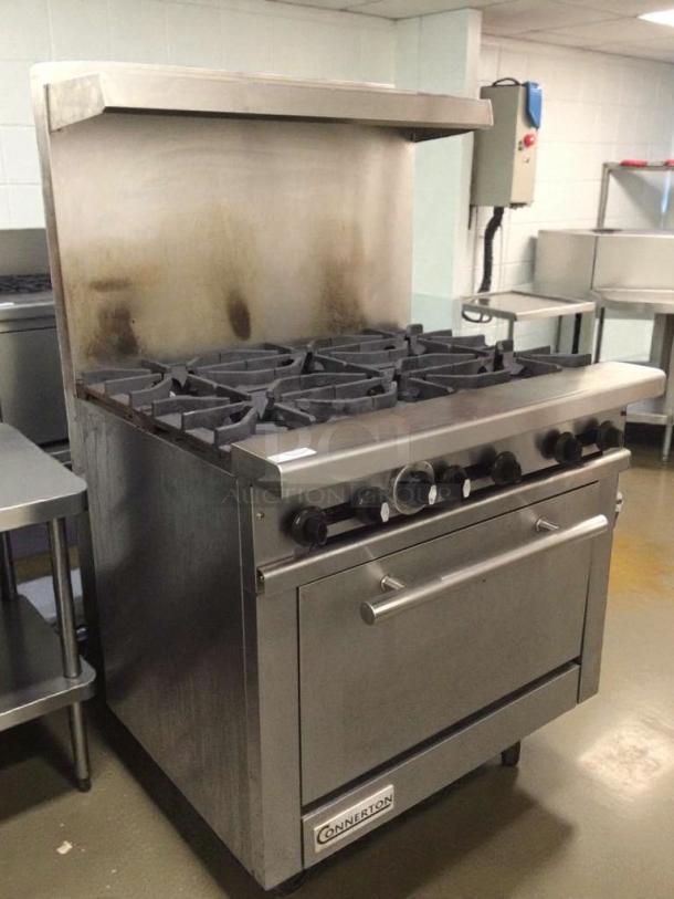Connerton Commercial 6-Burner Gas Range with Oven in exceptional condition; natural gas, fully tested, model CON-L-RNG-0147.