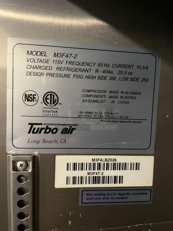 Turbo Air M3F47-2 commercial reach-in freezer. Exceptional condition, 115V, fully tested. Model and certification labels shown.