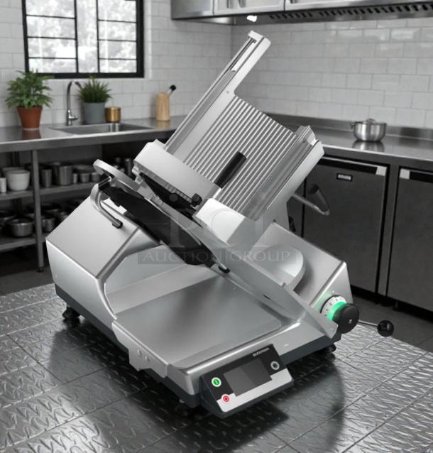 Bizerba GSP HD IW-90 GCB semi-automatic meat slicer, exceptional condition, fully tested, stainless steel design.