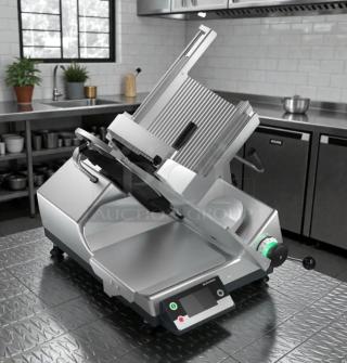 Bizerba GSP HD IW-90 GCB semi-automatic meat slicer, exceptional condition, fully tested, stainless steel design.