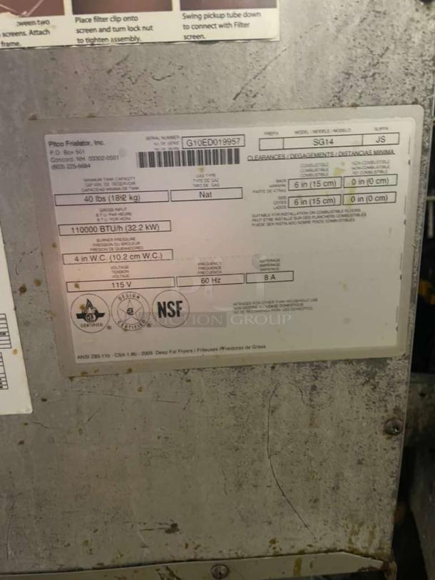 Pitco SG14JS commercial gas fryer label, showing specs: natural gas, 110,000 BTU/hr, 115V, certified by NSF.