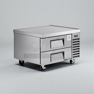 True TRCB-36-HC Refrigerated Chef Base, stainless steel, 2 drawers, casters, excellent condition, tested and working.