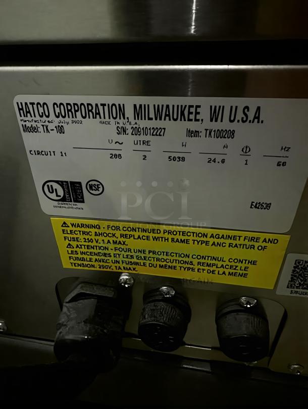 Hatco TK-1002 Commercial Salamander Broiler, superior condition, 208V, single phase, tested, Hatco Corp label visible.