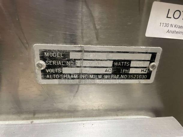 Alto-Shaam 750-S Holding Cabinet label, 125V, 1 Phase, 2300 Watts, superior condition, serial no. 2020-70.