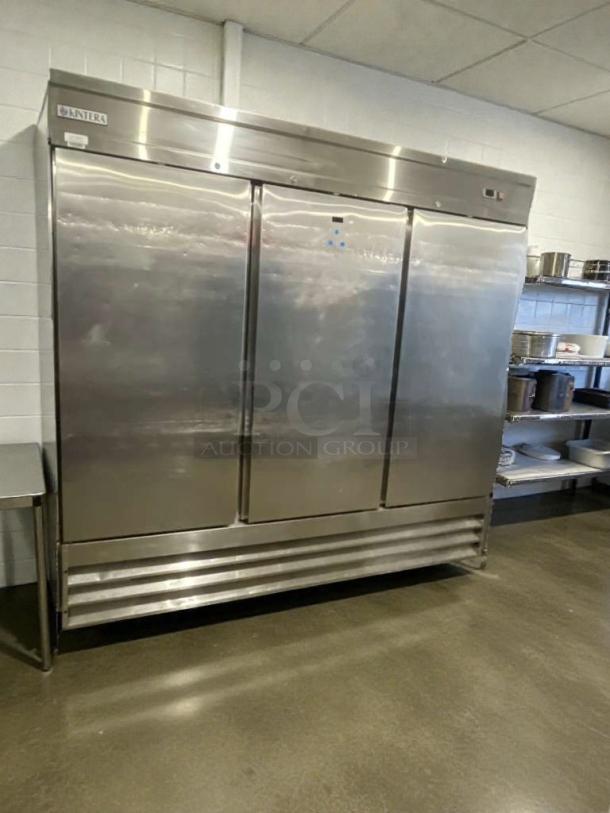 Pristine Kintera 3-door commercial reach-in refrigerator, model KEM3F. Stainless steel, 115V, tested, working. Kintera logo visible.