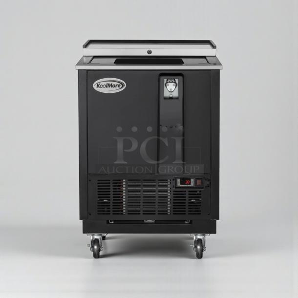 Brand new KoolMore KM-BC25-BK black commercial bottle cooler, underbar beverage refrigerator, UL & NSF listed, on casters.