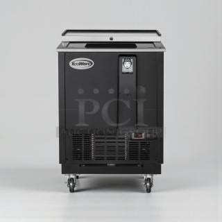 Brand new KoolMore KM-BC25-BK black commercial bottle cooler, underbar beverage refrigerator, UL & NSF listed, on casters.