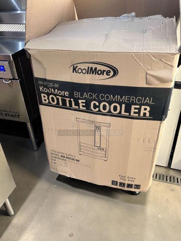 Brand new KoolMore KM-BC25-BK black commercial bottle cooler, UL & NSF listed, in original box with labels, model KOOL-M-BOCL-0300.