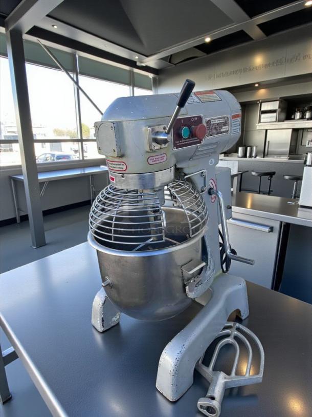 Commercial UPM-M20-3 Mixer, 20 Qt, excellent condition, fully tested, 110V, steel bowl, labeled controls visible.