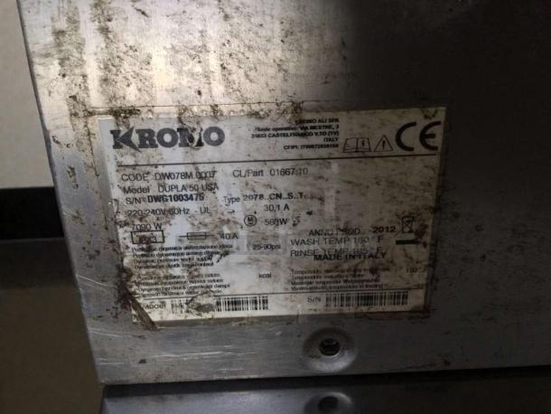 Krono DUPLA 50 USA commercial undercounter dishwasher, 220-240V, fully tested, used condition. Label indicates make in Italy, model details, and specs.