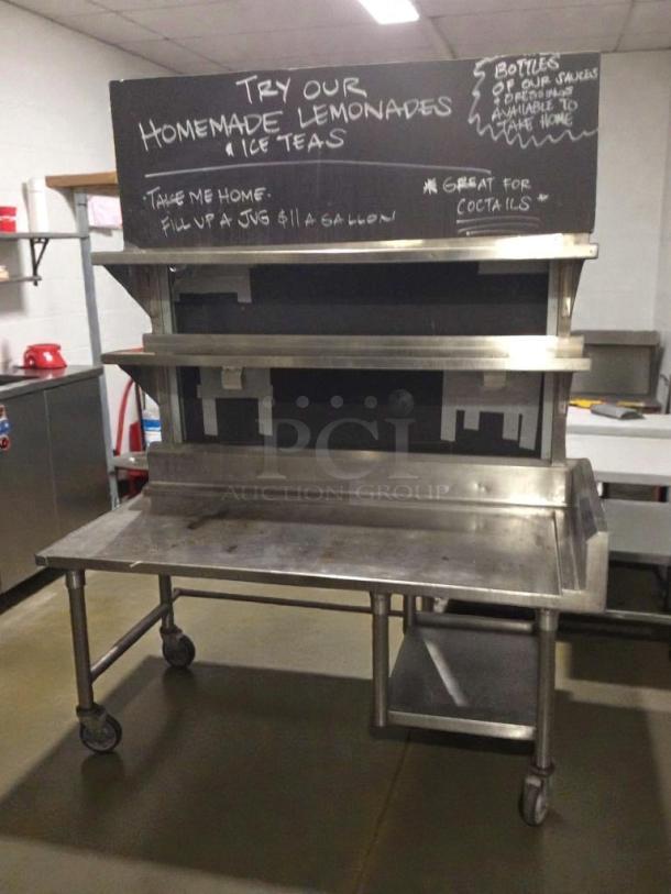 Custom stainless steel dessert and beverage service display station, commercial grade, fully inspected, with chalkboard signage.