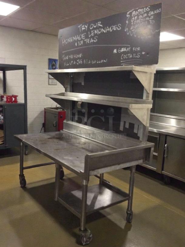 Custom stainless steel dessert and beverage display station, commercial grade, with chalkboard, sturdy, on wheels, inspected, USA made.