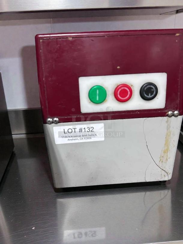 Commercial Food Processor with red panel, green and red buttons. LOT #132 label indicates Anaheim, CA address.