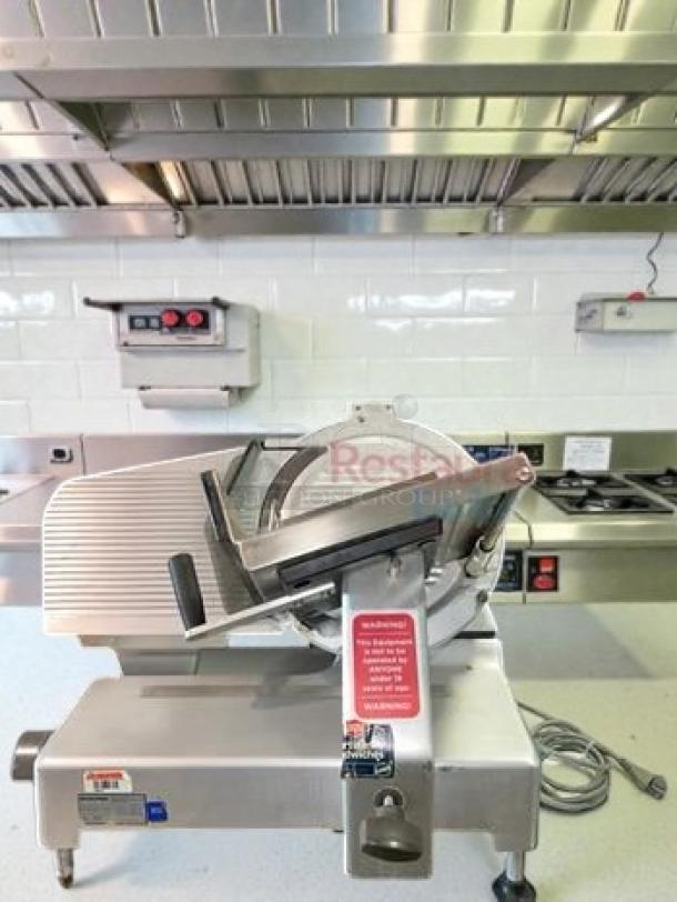 Immaculate Bizerba SE8 meat slicer, 13" blade, stainless steel, commercial grade, UL listed, fully tested, operational.