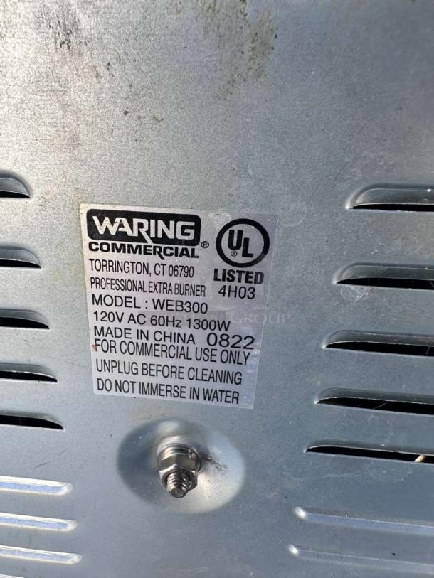 Waring WEB300 Commercial Single Burner Hot Plate, UL Listed, 120V, Excellent Condition. Label shows model and safety info.