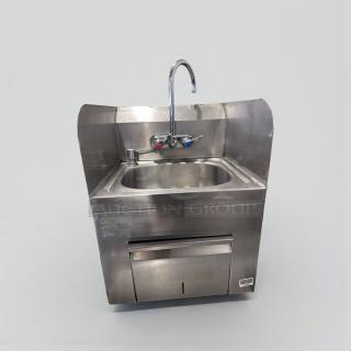 High-grade stainless steel hand wash sink with gooseneck faucet and built-in paper towel dispenser. Model SS-S-HWS-0419.