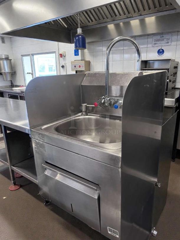 Commercial stainless steel hand wash sink with gooseneck faucet, built-in paper towel dispenser. High-grade, fully tested.
