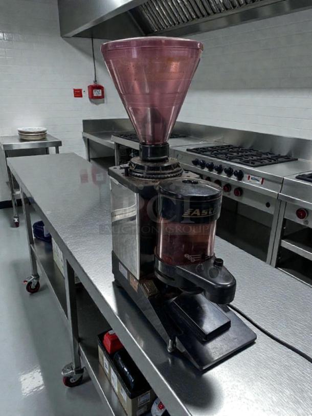 Astoria Commercial Espresso Coffee Grinder, premium condition, 115V, UL Listed, fully tested, Italy-made, on metal counter.