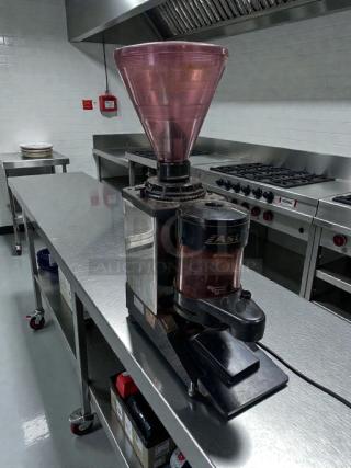 Astoria Commercial Espresso Coffee Grinder, premium condition, 115V, UL Listed, fully tested, Italy-made, on metal counter.