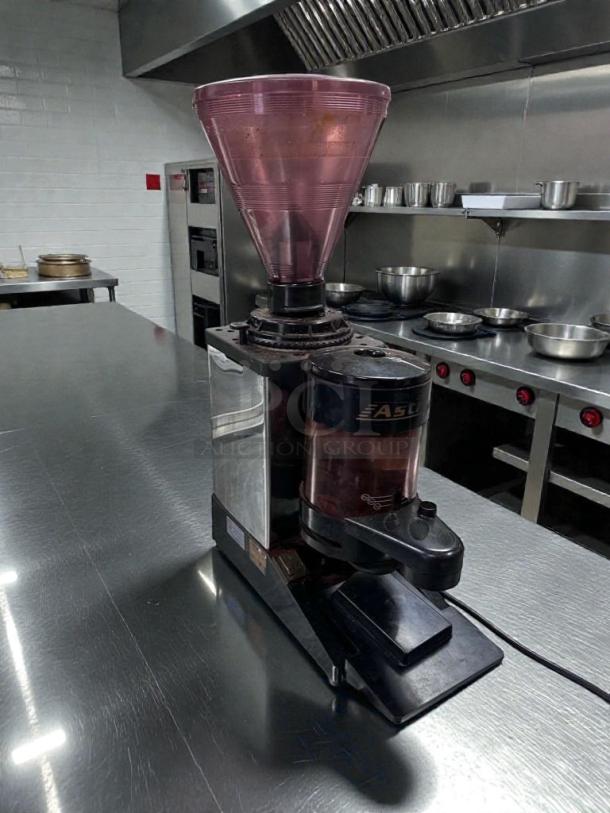 Astoria commercial espresso coffee grinder, premium condition, polished metal finish, large bean hopper, model AST-M-GRD-0488, 115V, UL listed.