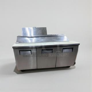 True TSSU-72-18 refrigerated prep table, 72", 3-door, high-grade condition, fully tested, NSF & UL listed.