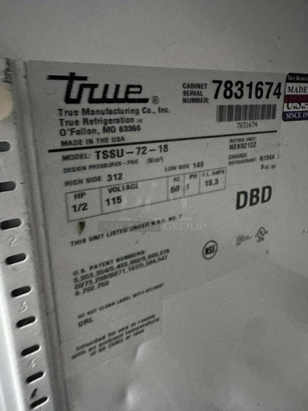 Label on True TSSU-72-18 refrigerated sandwich prep table, showing model, serial number, 115V, NSF and UL listings.