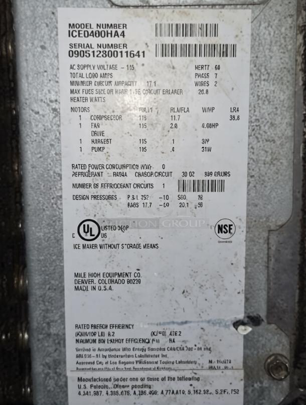 Ice-O-Matic ICED400HA4 commercial ice maker tag, showing model, serial number, UL and NSF listings, and technical specifications.