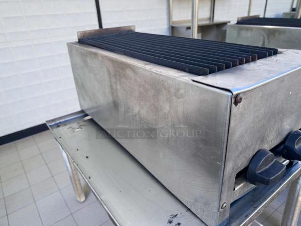 Stainless steel 24" commercial gas charbroiler, outstanding condition, fully tested, featuring lava rock grill, model CHR-M-GRL-0468.