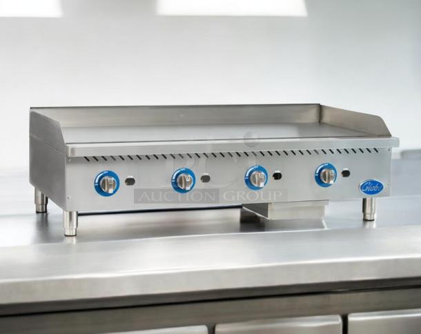 Globe GG48G 48” commercial gas griddle, stainless steel, four knobs, premium condition, fully tested, natural gas.