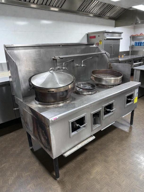 China Pacific Commercial Gas Wok Range, 3-ring burners, NSF certified, stainless steel, fully tested, premium condition.