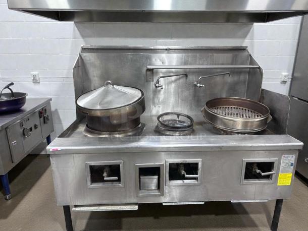 China Pacific commercial gas wok range, three-ring burners, NSF certified, premium condition, fully tested, model CP-L-RNG-0320.