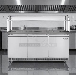 Brand new 72" KoolMore commercial refrigerated prep station with sneeze guard, model KM-RBT-72CSFG, scratch & dent.