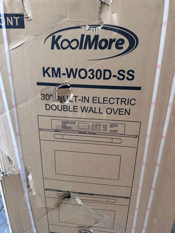Brand new KoolMore KM-WO30D-SS 30" electric double wall oven in original but damaged packaging. Model KLM-L-OVN-0025.