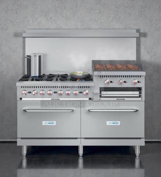 Brand new KoolMore 60" commercial gas range with oven, griddle, broiler. Model KM-CRGB60-NG, scratch & dent condition.