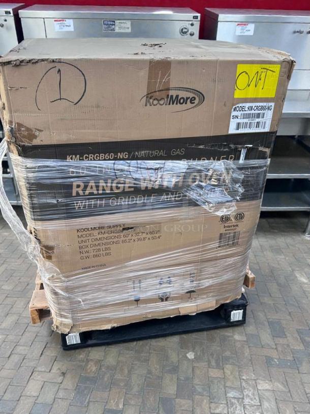 Brand new KoolMore 60" commercial gas range, model KM-CRGB60-NG, in packaging with minor scratches and dents.