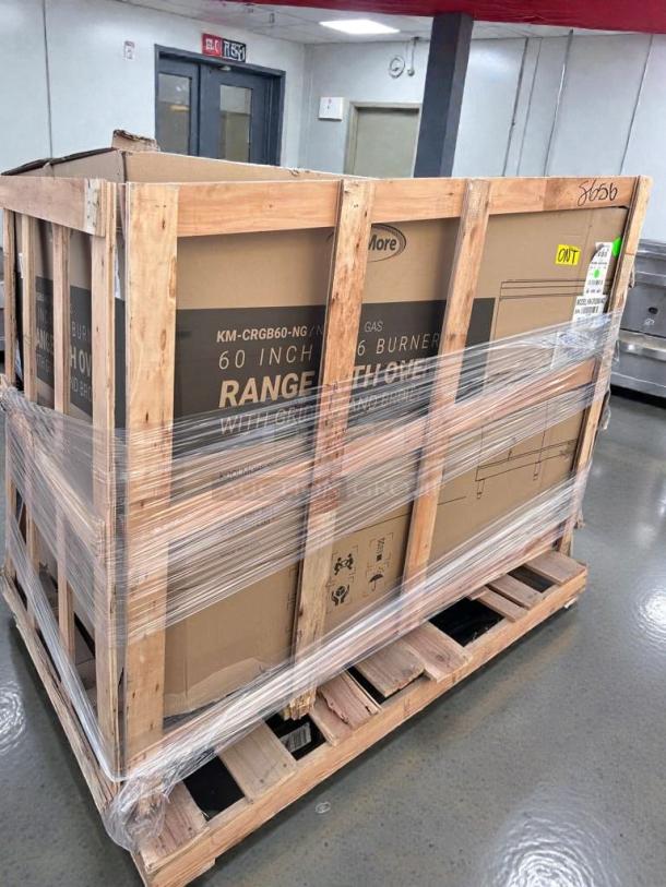 KoolMore 60" Commercial Gas Range with Oven, Griddle & Broiler in packaging, model KM-CRGB60-NG, brand new condition.