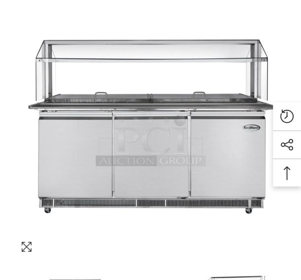 KoolMore KM-RBT-72CSFG 70.6" stainless steel refrigerated prep station, premium condition, 15 pans with covers, 115V.