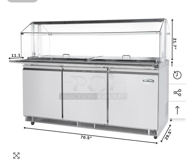 KoolMore KM-RBT-72CSFG stainless steel refrigerated prep station, 70.6", holds 15 pans, fully operational.
