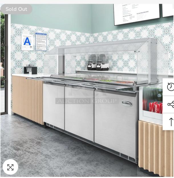 Premium KoolMore KM-RBT-72CSFG stainless steel refrigerated prep station, 70.6", 15 pans, fully operational, excellent condition.