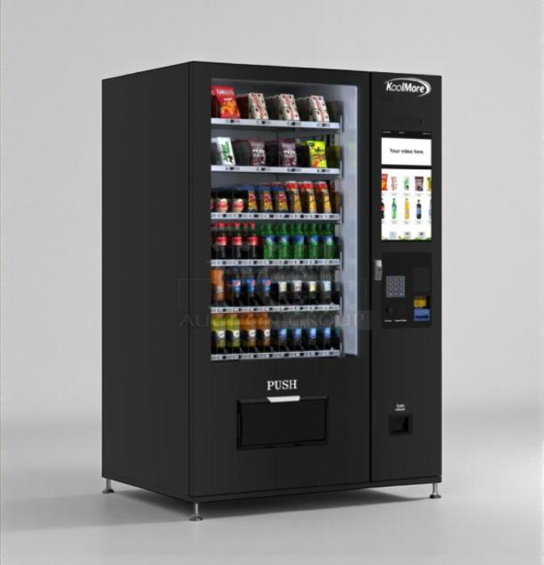 Brand new KoolMore KM-VMRT-50-B refrigerated vending machine, black, scratch & dent, stocked with snacks and drinks.