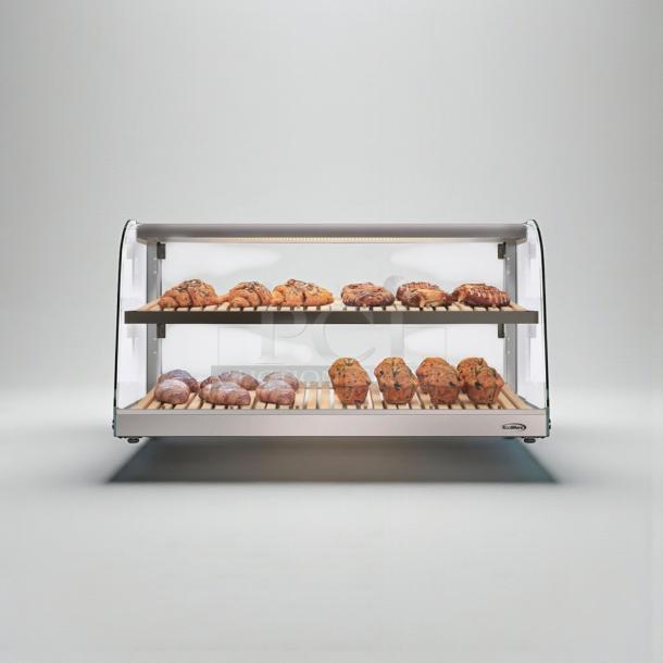 Brand new KoolMore DC-53C-B countertop bakery display case with curved glass, premium condition, never used, in original crate.