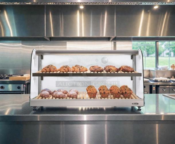 Brand new KoolMore DC-53C-B countertop bakery display case with curved glass, never used, in original crate.