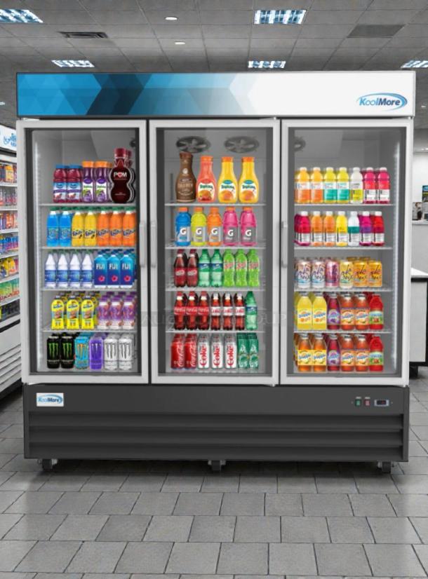 KoolMore 3-Door Glass Merchandiser Refrigerator, Model MDR-3GD, brand new, with minor scratches and dents.