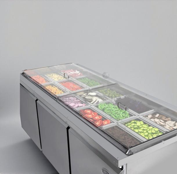 Brand new Koolmore 72" refrigerated prep station, model KM-RBT-72C, scratch & dent, multiple compartments, stainless steel.